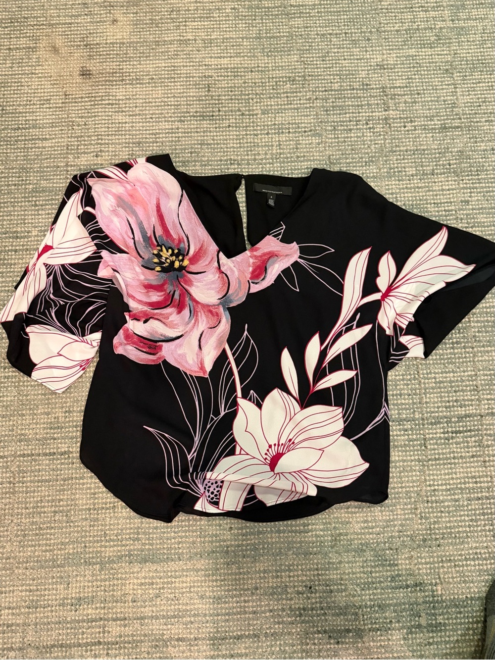 White House Black Market Black Blouse with Pink and White Floral Print